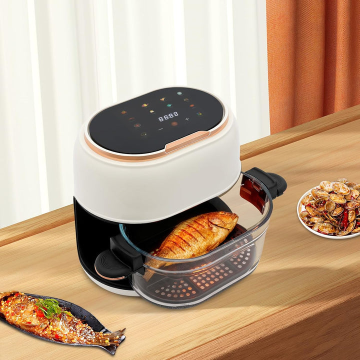 Heissluftfritteuse mit 4L Glas-Korb, 1350W Heissluftfritteuse Glas, Touchscreen, 8 Programme für fet