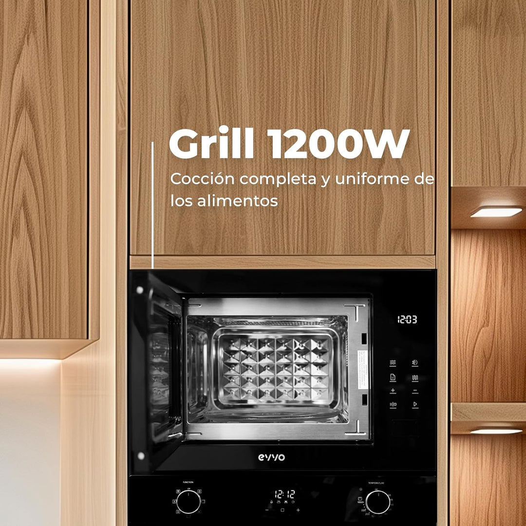 EVVO Integrierte Mikrowelle Mi45 Glas Bl, 25 l Fassungsvermögen, Grill 1200 W, Tür und Rahmen mit Gl