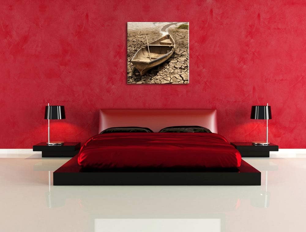 Boot in der Dürre, Format: 70x70 auf Leinwand, XXL riesige Bilder fertig gerahmt mit Keilrahmen, Kun