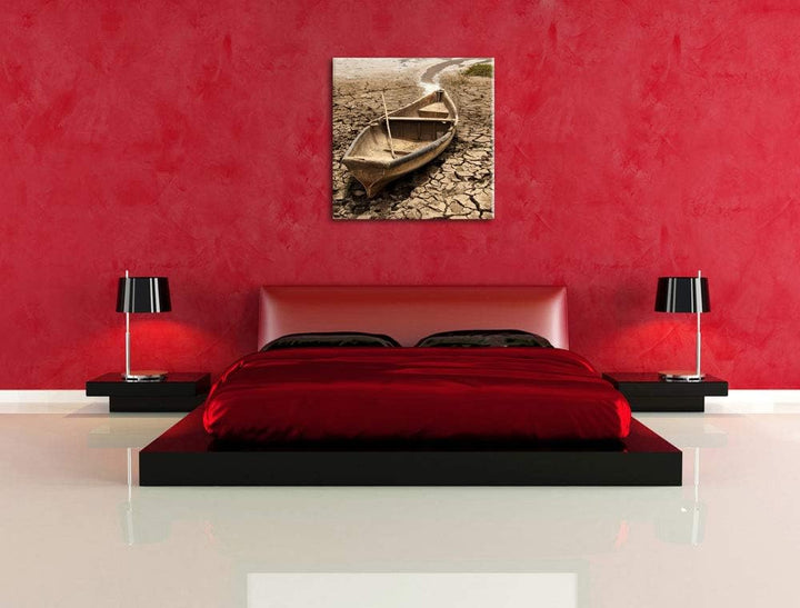 Boot in der Dürre, Format: 70x70 auf Leinwand, XXL riesige Bilder fertig gerahmt mit Keilrahmen, Kun