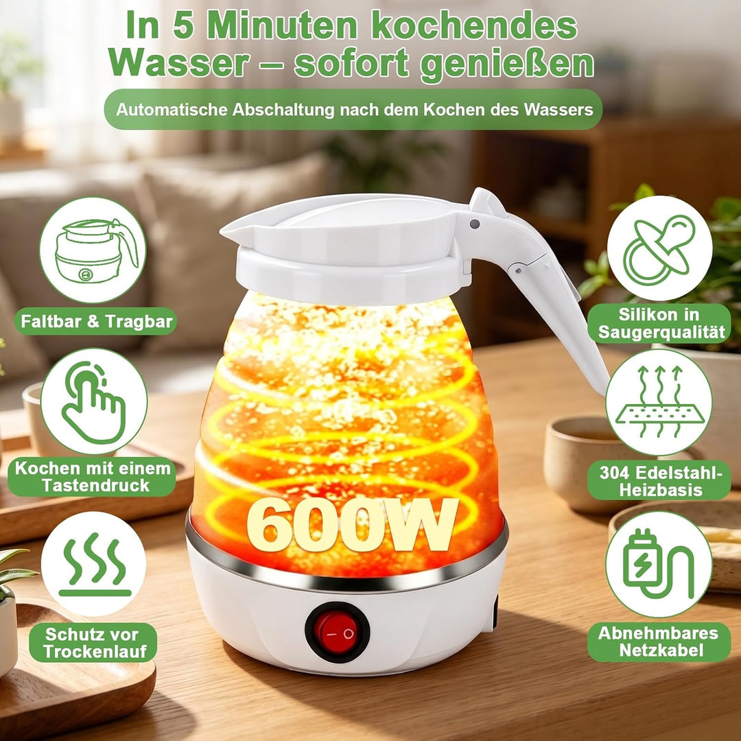 Faltbarer Wasserkocher Klein Reisewasserkocher Mini Reise Wasserkocher | 0,6 Liter Faltbar Kleiner W