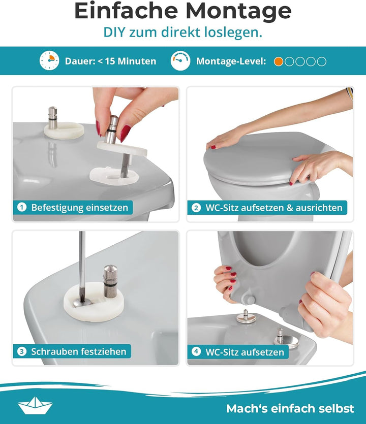 Calmwaters® Premium WC Sitz einfache Montage, Toilettendeckel bis 250 kg, Made in EU, aus antibakter