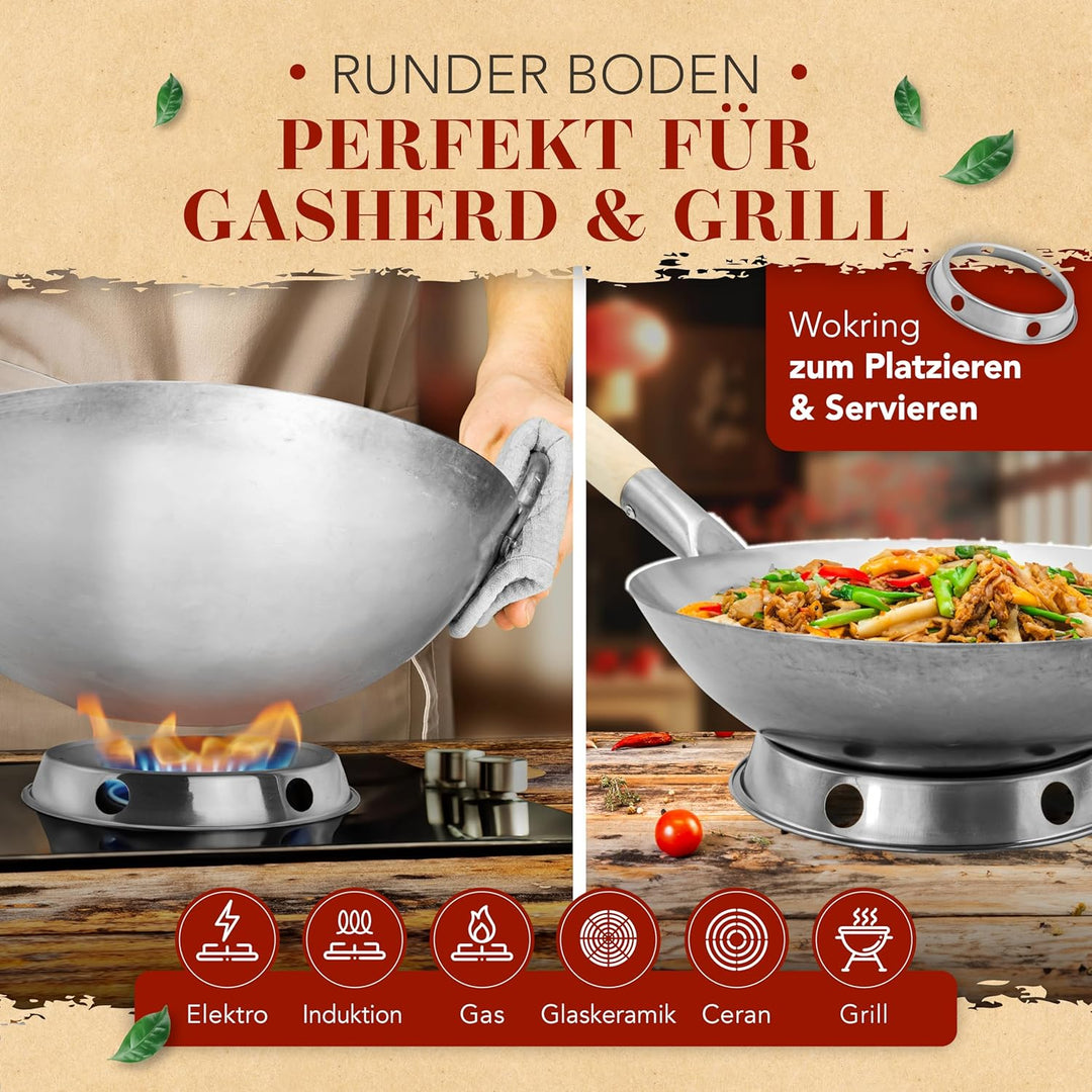 KRUSTENZAUBER 30cm Wokpfanne runder Boden - Traditionelle Stahlwokpfanne mit Wokwender u. Wokring -