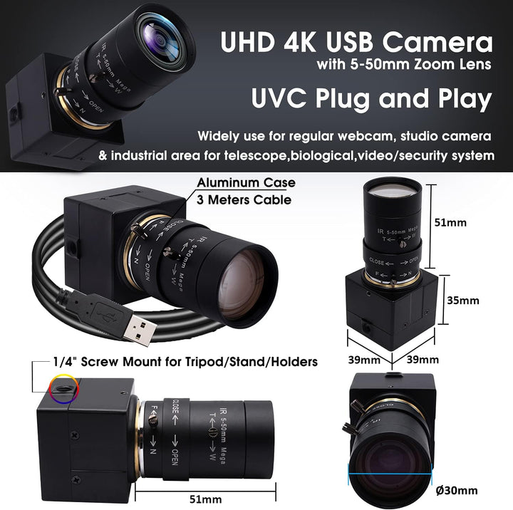 Svpro Webcam 4K UHD USB Kamera,10X Optischer Zoom Kamera mit 5-50mm Varifokalobjektiv, 3840x2160 Ult