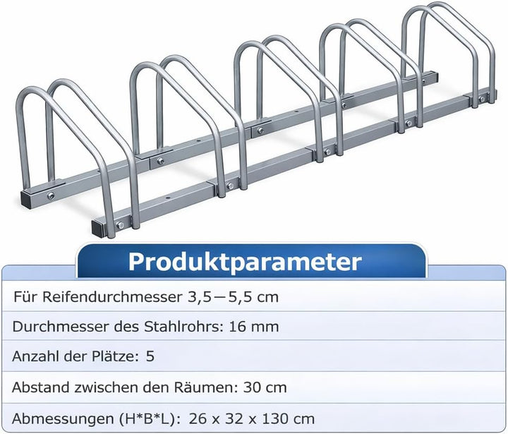 Fahrrad Halterung Boden für 5 Fahrräder – Robuster verzinkter Stahl, Boden &amp; Wandmontage, 30cm Radst