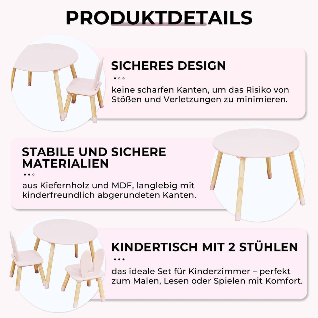 Rebecca Mobili Set mit Tisch und 2 Stühlen für Kinder, Tisch für Kinder mit Sitzen, rosa braun, MDF