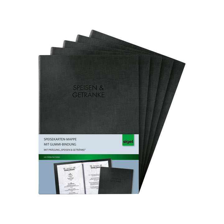 SIGEL SM116/5 Speisekarten-Mappen mit Gummi-Bindung für A5, 5-er Pack, schwarz mit edler Leinenstruk