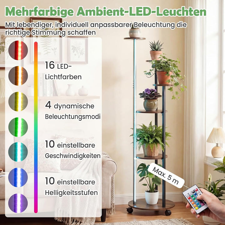 COSTWAY Blumenständer, 6-stufiges Pflanzenständer mit LED-Beleuchtung & Rollen, Pflanzenregal Outdoo