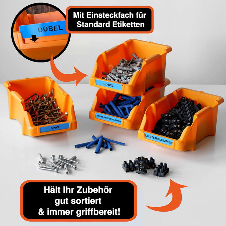 YPC Stapelboxen Set - Orange 8 Stück - Sichtlagerboxen 16x9x7cm mit Wandhalterung für Werkstatt & Ga