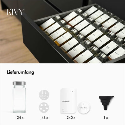 KIVY Gewürzgläser mit Streueinsatz [24x 120ml] + 240 Wasserfeste Label - Gewürzgläser eckig - Gewürz
