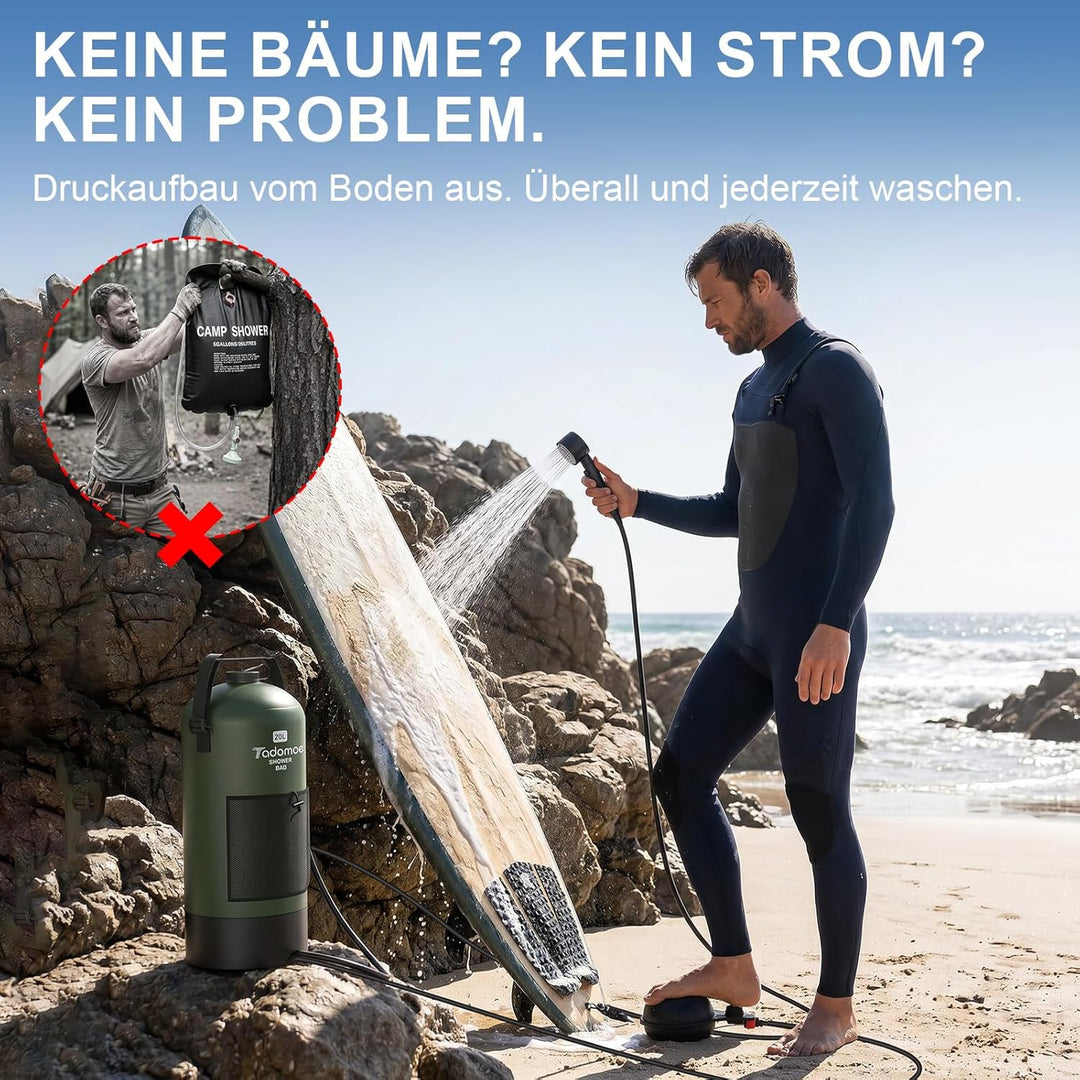 20 Liter Camping Dusche mit Fussluftpumpe, Solardusche mit Camping-Tasche Und Düse für Camping Stran