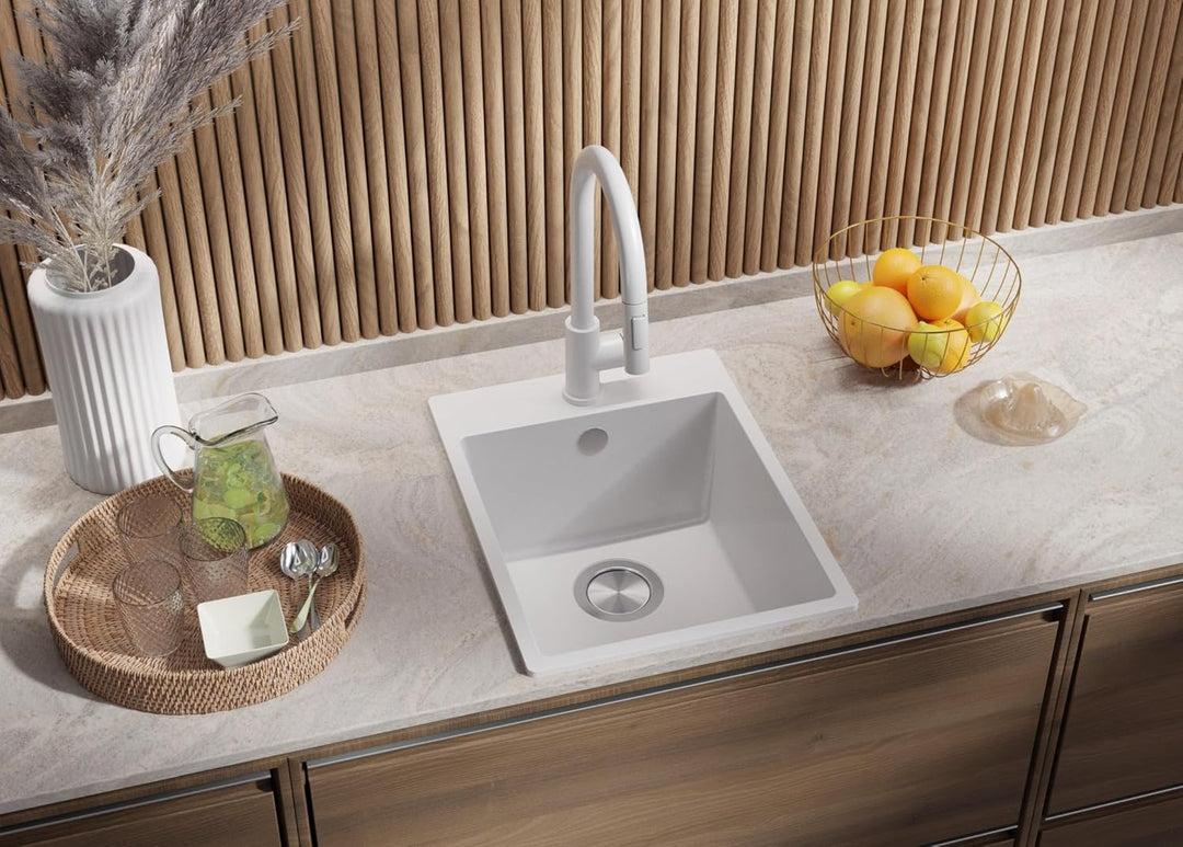PRIMAGRAN Spülbecken Weiss 38x50cm, Granitspüle 1 Becken + Ablauf-Set + Schneidebrett, Küchenspüle a