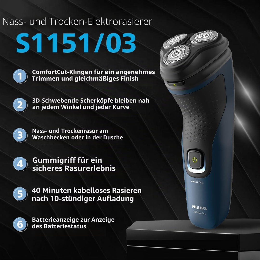 Philips Elektrorasierer für Männer, Nass- und Trockenrasur, 3D-Schwimmköpfe, 27 selbstschärfende Kli