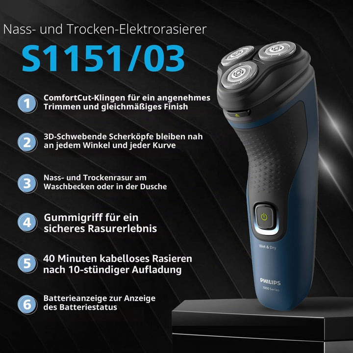 Philips Elektrorasierer für Männer, Nass- und Trockenrasur, 3D-Schwimmköpfe, 27 selbstschärfende Kli