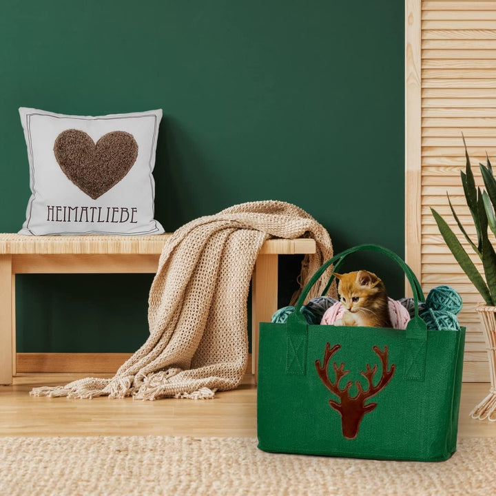 casamia Filztasche Shopper mit Schriftzug von Herzen grau o. Hirschkopf grün Farbe grün mit Hirschko