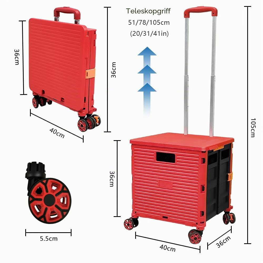 Faltbare Einkaufstrolley-Box auf Rädern mit Deckel, verschleissfester, geräuschloser 360 ° -Drehung