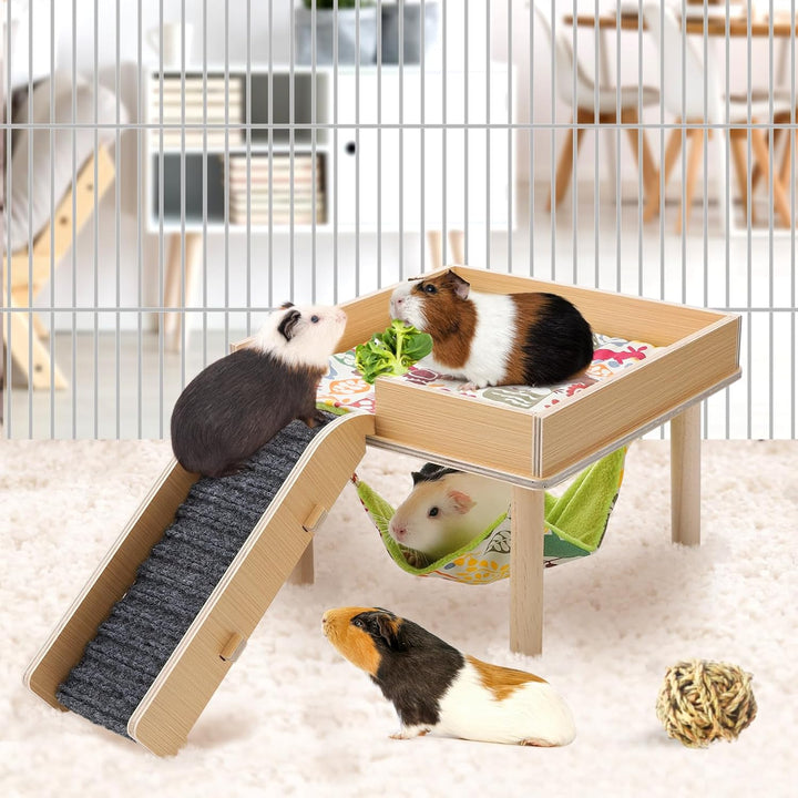 MEWTOGO Meerschweinchen-Hängematte mit Plattform, sicheres Holz-Versteck für Meerschweinchen mit Tre