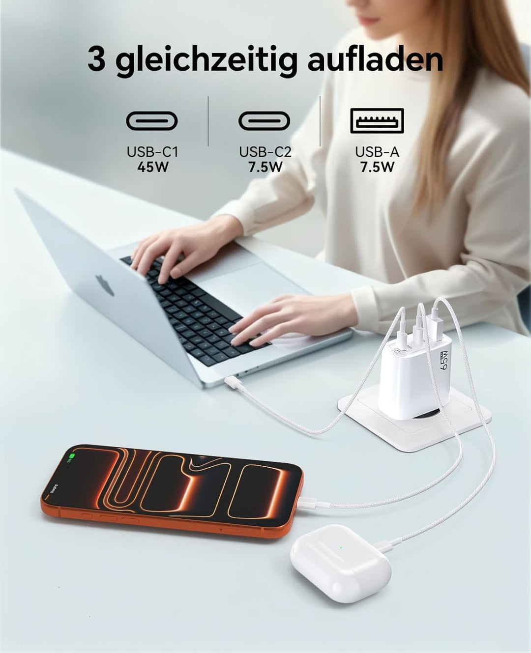 USB C Ladegerät 65W 3-Port,USB-C Netzteil Charger PPS 60W Schnellladegerät PD Ladestecker, kompatibe