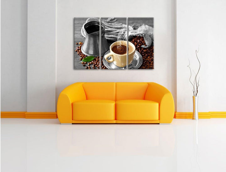 Pixxprint Dampfender Kaffe mit Kännchen schwarz/weiss 3-Teiler Leinwandbild 120x80 Bild auf Leinwand