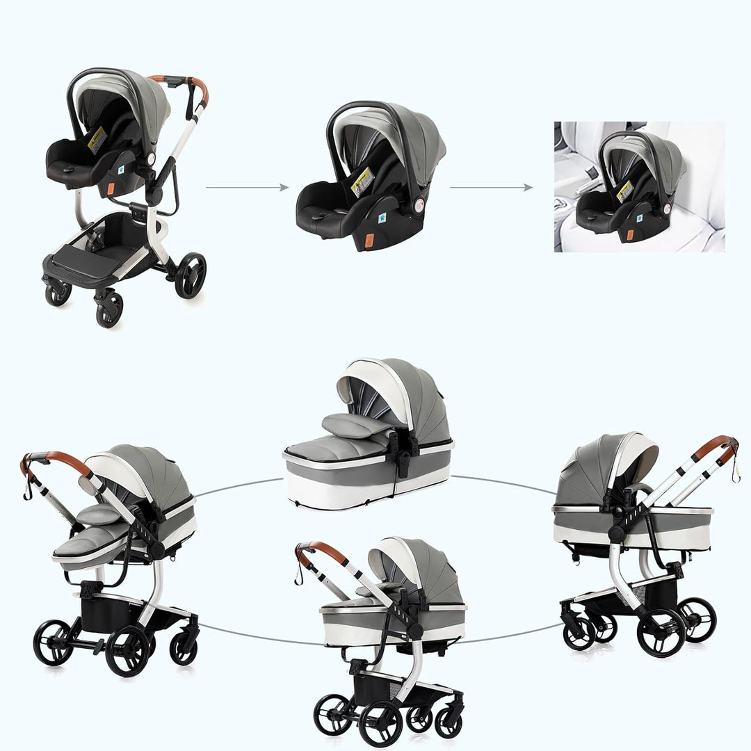 MoLi PU-Leder Kinderwagen 3 in 1, Kinderwagen mit Umkehrbarem Doppelschiebemodus, Buggy Grosser Bequ