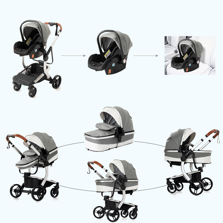 MoLi PU-Leder Kinderwagen 3 in 1, Kinderwagen mit Umkehrbarem Doppelschiebemodus, Buggy Grosser Bequ