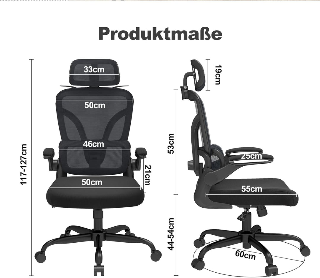 Ergonomischer Bürostuhl – Verstellbare Kopfstütze, Armlehnen &amp; Lordosenstütze, 360°-Drehfunktion, 15