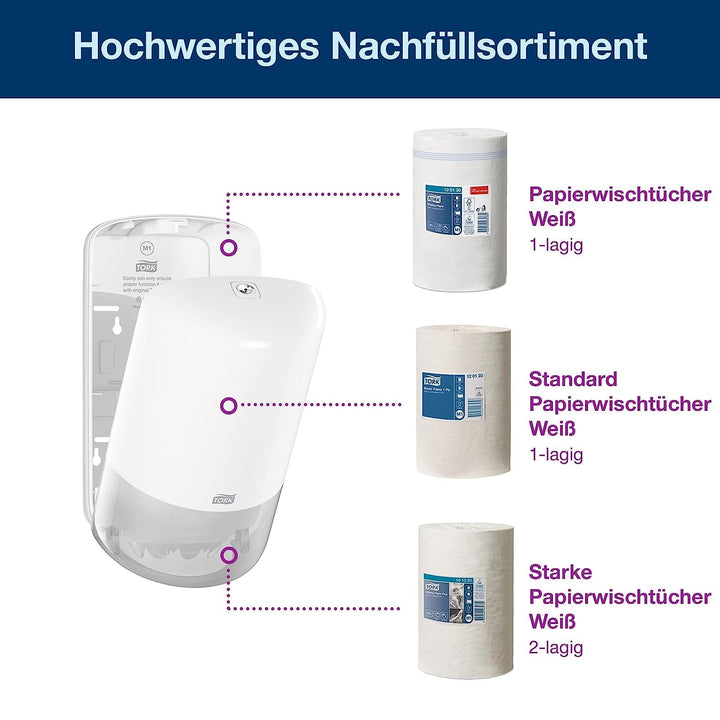 Tork Mini-Papierhandtuchspender mit Zentraleinzug zur Wandmontage + Nachfüllpackung - M1 - Mehrzweck