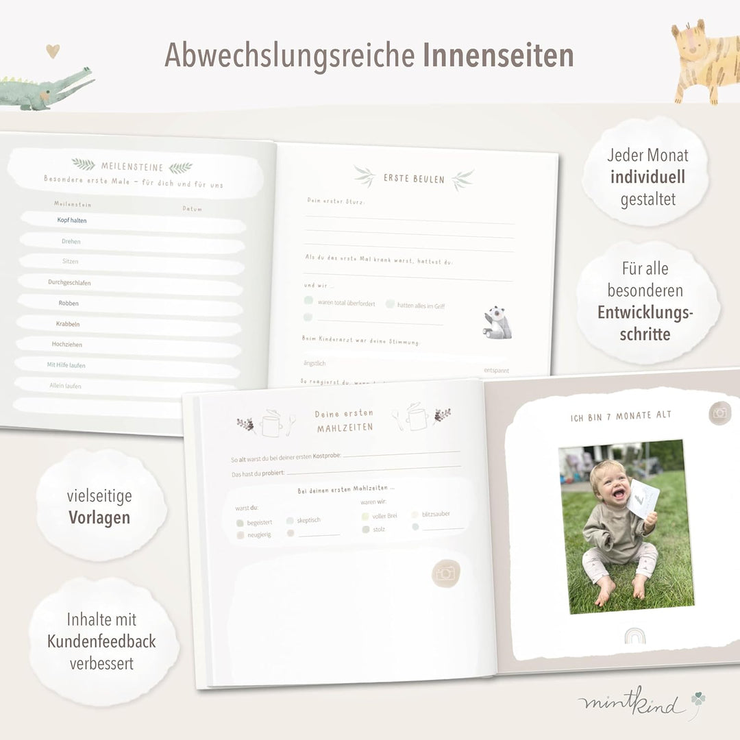 mintkind® Mein erstes Jahr Babyalbum Beige Leinen – zeitloses Babytagebuch mit 176 Seiten und Sticke