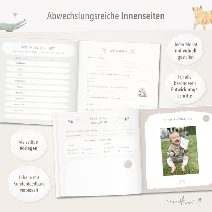 mintkind® Mein erstes Jahr Babyalbum Beige Leinen – zeitloses Babytagebuch mit 176 Seiten und Sticke