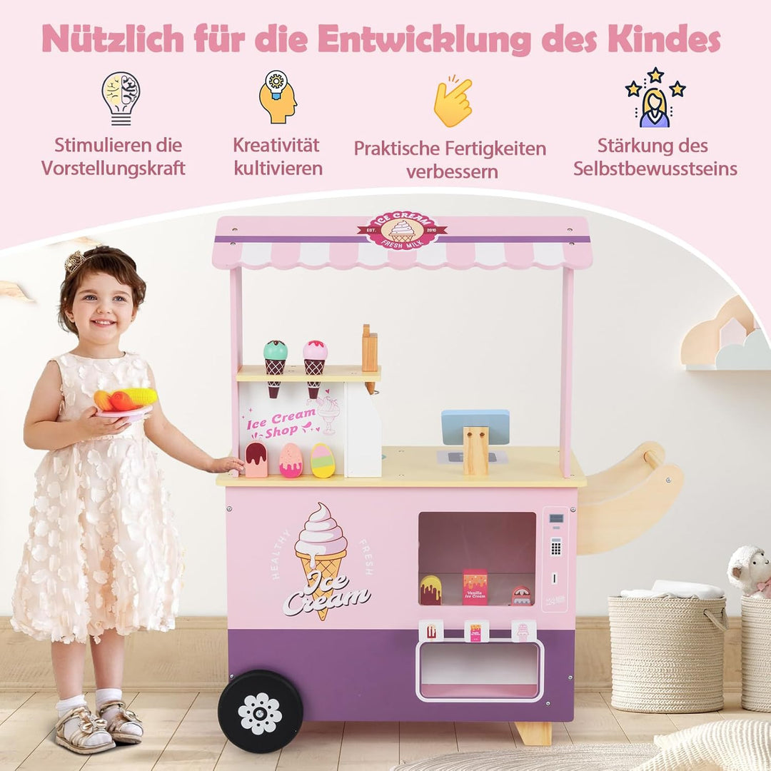 GOPLUS Eiswagen Kinder, Eisstand auf Rädern mit Verkaufsautomat, Eismaschinen-Spielzeug, Präsentatio