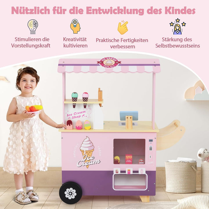 GOPLUS Eiswagen Kinder, Eisstand auf Rädern mit Verkaufsautomat, Eismaschinen-Spielzeug, Präsentatio