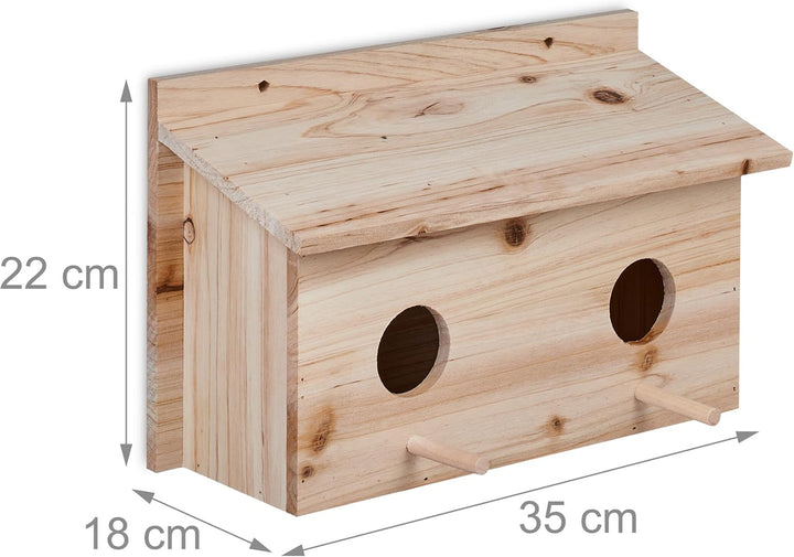 Relaxdays Nistkasten für Stare, natürliches Tannenholz, 2X Einflugloch 5 cm, Sitzstange, Vogelhaus z