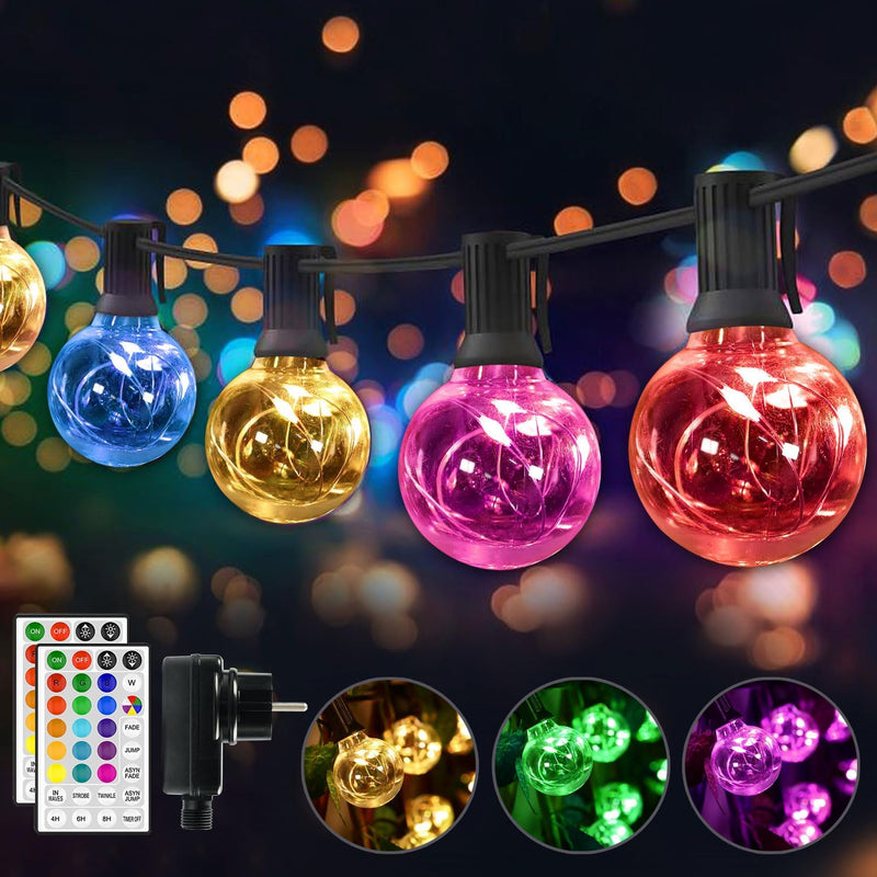 30 LED Lichterkette Aussen Bunt, Lichterkette Aussen Strom, 18 Farben Wasserdicht IP65 G40 Glühbirne