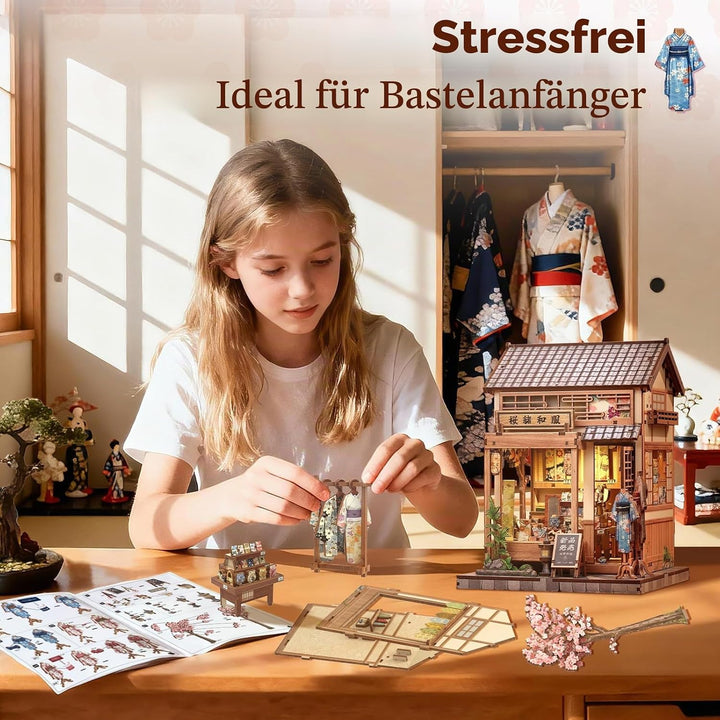 Fsolis Book Nook Kit - Japanisches Miniatur-Puppenhaus, 3D-Holz-Bastelset für Erwachsene, Bücherrega