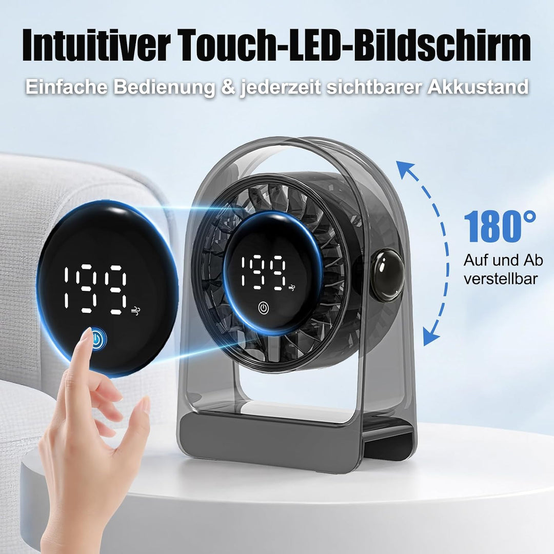 Transparenter Tischventilator, 1800mAh USB Ventilator mit Digitalanzeige, Kleiner Tischventilator Au