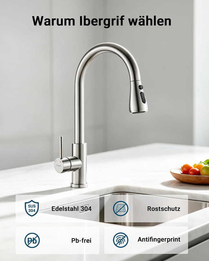 Ibergrif Wasserhahn Küche Ausziehbar Mischbatterie-Küchenarmatur Edelstahl 360° Schwenkbar, Amatur K