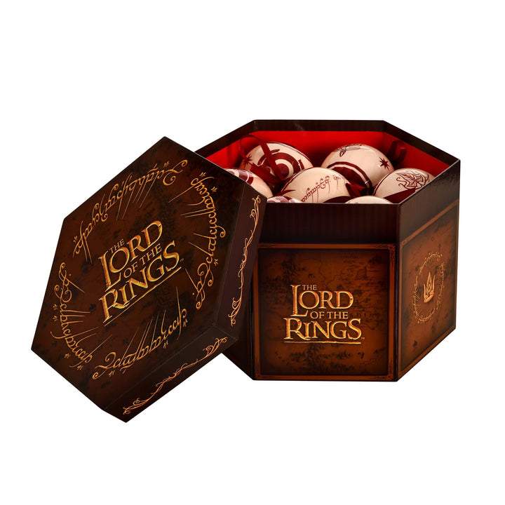 Elbenwald Herr der Ringe Weihnachtsbaumkugeln mit Mittelerde Motiven Krone und weisser Baum von Gond