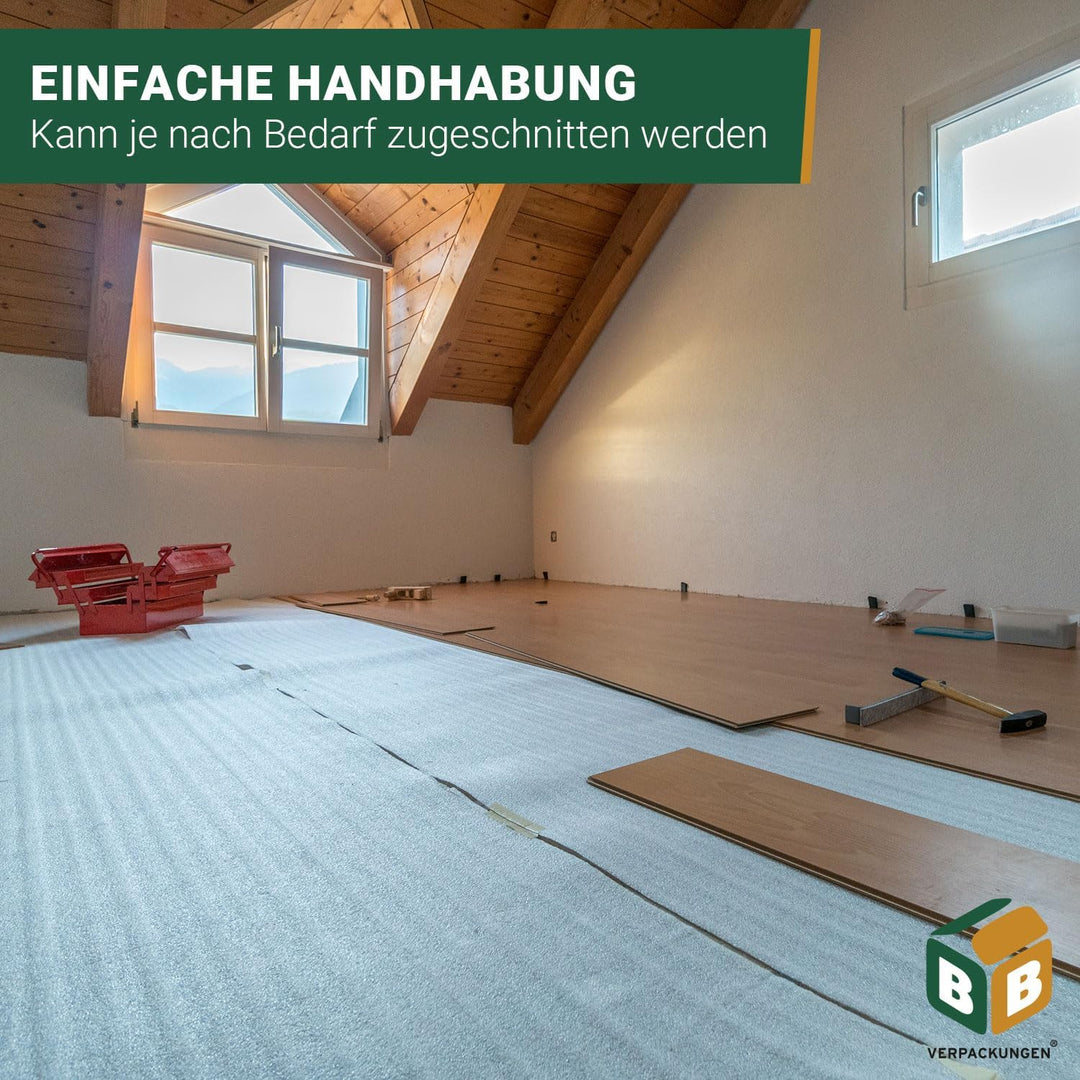 BB-Verpackungen 25 m² Trittschalldämmung 1,0 x 25 m (5 mm stark, sehr gute Schall- und Wärmedämmung)