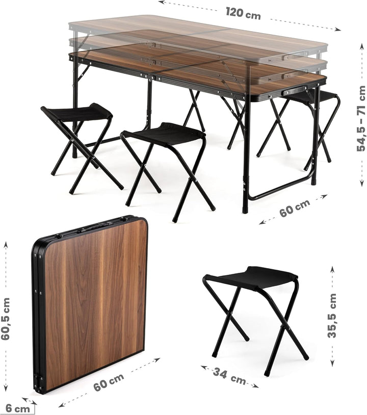 Outtec Campingtisch Faltbar mit 4 stühlen, Höhe Tragbarer Klapptisch Camping 120 x 60 cm Tragegriff,