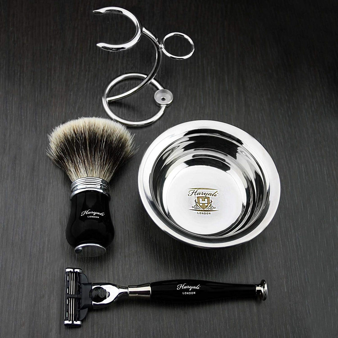 Haryali London Black Luxury Herren Rasierset 3 Edge Rasiermesser, Rasierpinsel, Rasierständer und Ra