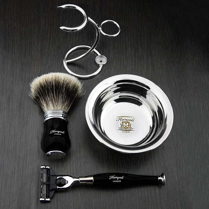 Haryali London Black Luxury Herren Rasierset 3 Edge Rasiermesser, Rasierpinsel, Rasierständer und Ra