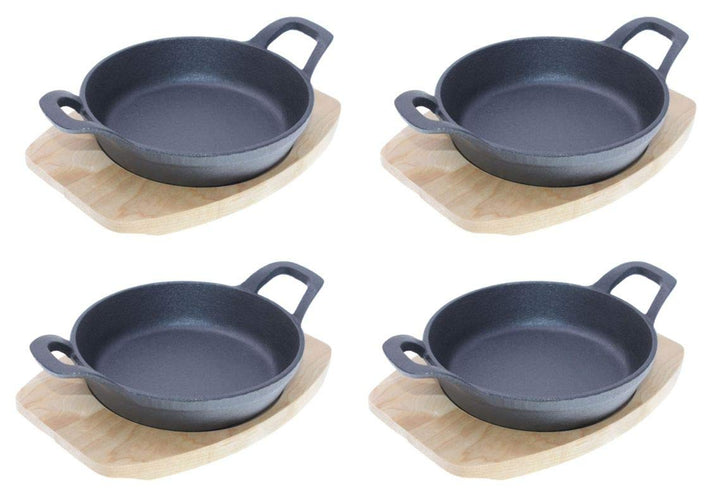 TAMLED SET Servierpfanne Ø 15,5 cm mit Holzbrett 4 Stück