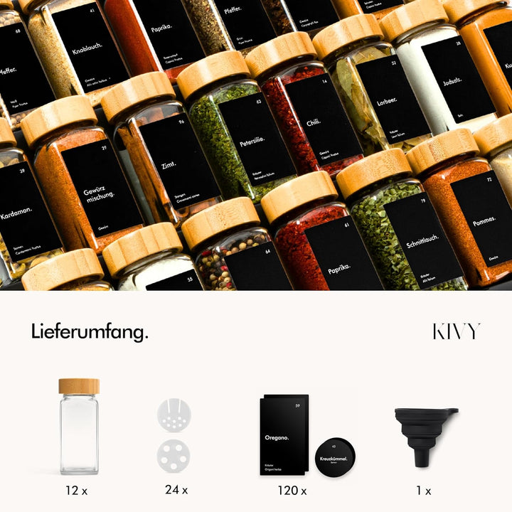 KIVY Gewürzgläser mit Streueinsatz [12x 120ml] + 120 Wasserfeste Label - Luftdichte Gewürzgläser eck