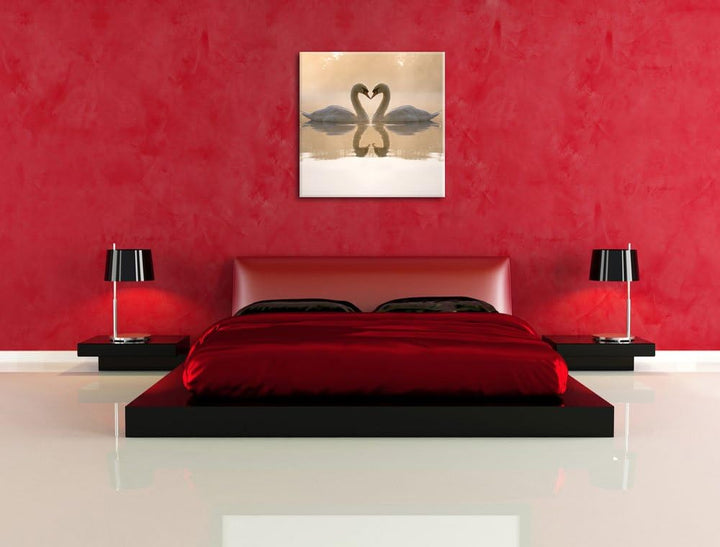 Pixxprint Schwäne im Morgengrauen / 70x70cm Leinwandbild bespannt auf Holzrahmen/Wandbild Kunstdruck