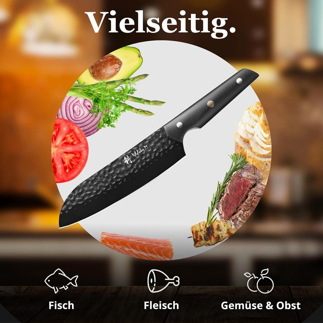 Wakoli Yugen Santokumesser 18 cm | Küchenmesser aus Edelstahl mit G10-Griff | Mattschwarze Titanbesc