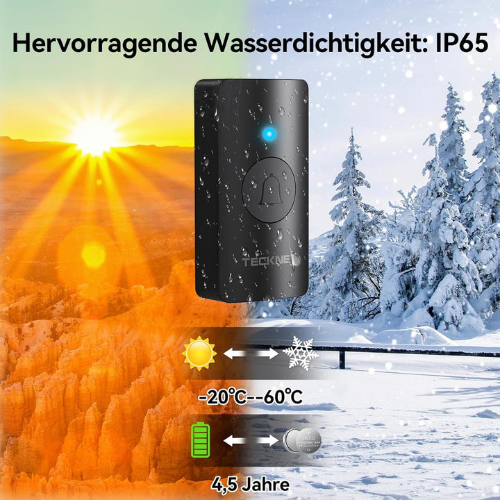 TECKNET Funkklingel,Funkklingel aussen wasserdicht IP65,Funk Klingel Kabellos 400m,Klingel Funk mit