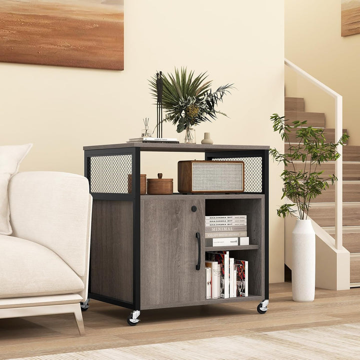 COSTWAY Aktenschrank auf Rollen, Büroschrank mit Ladestation und Loch für Kabelmanagement, Druckerst