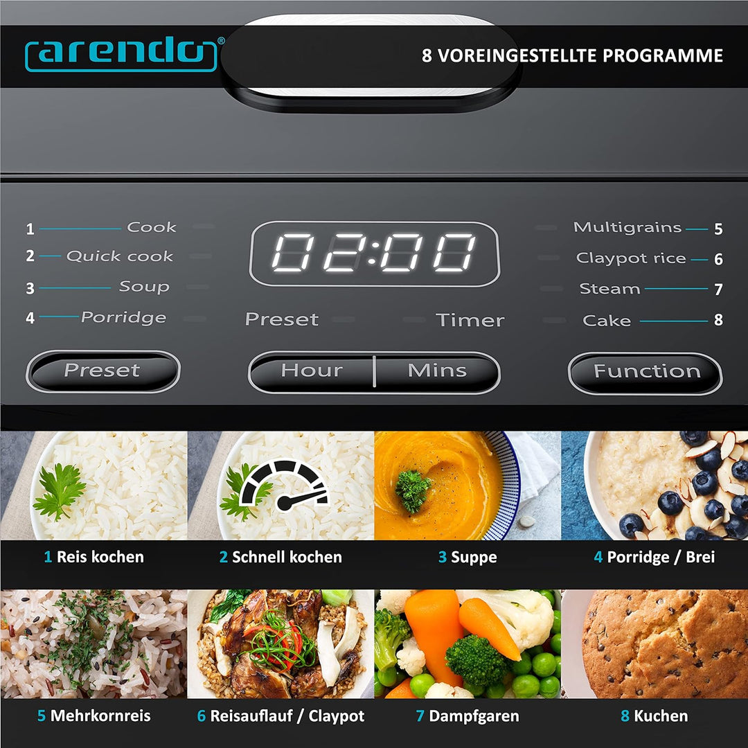 Arendo - Reiskocher Multikocher digital und Dampfgarer 4L – 3D Heizsystem – 8 Programme – Warmhaltef