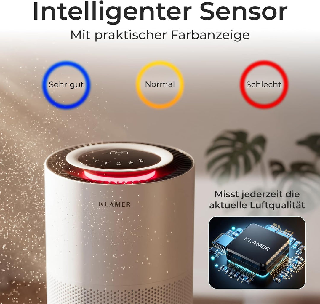 KLAMER Luftreiniger 600i mit HEPA Filter, CADR Spitzenleistung von 450 m³/h, für Räume bis 55m², ent