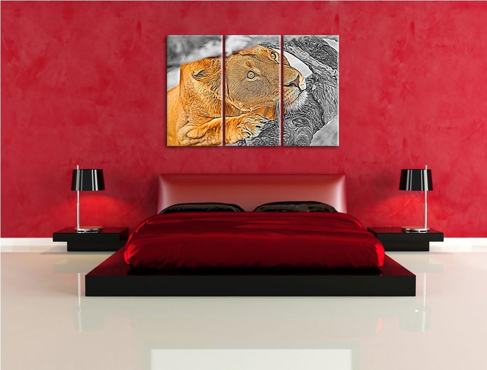 listige Löwin schwarz/weiss Deluxe 3-Teiler Leinwandbild 120x80 Bild auf Leinwand, XXL riesige Bilde